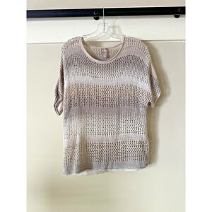Chico's Crochet Top Women Large Brown Beige White Stripe Short Sleeve Scoop Neck